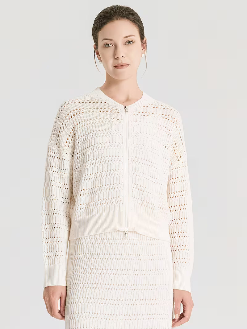 100% Linen 7-Gauge Openwork Cardigan, 2/24 Nm Yarn Waist-Cinching V-Neck Jacket, Lightweight And Breathable Knitwear