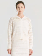 100% Linen 7-Gauge Openwork Cardigan, 2/24 Nm Yarn Waist-Cinching V-Neck Jacket, Lightweight And Breathable Knitwear