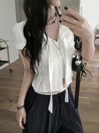 Korean Style New V-Neck Tie-Up Short Sleeve Shirt for Women, Textured Ruched Ruffle Waist-Cinching Cropped Top, Gentle Blouse for Commuting and Dating