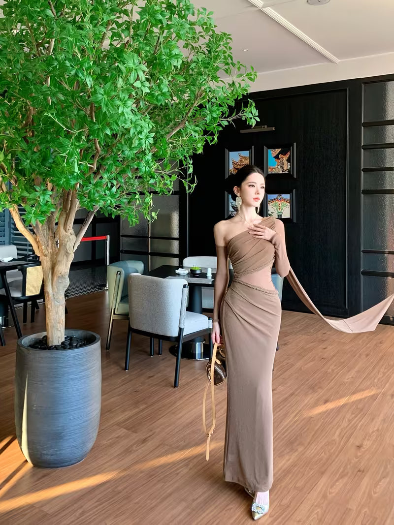 Original Design French-Style Vintage Braided Braid Mesh Hollow-Out Patchwork Off-Shoulder Slim Fit Gown Long Dress