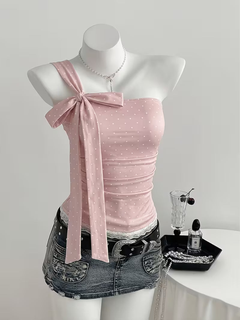 French Pure Desire Hot Polka Dot Off-Shoulder Vest Women'S Summer Hot Slim Bow Tie Strap One-Shoulder Camisole Top