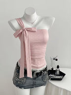 French Pure Desire Hot Polka Dot Off-Shoulder Vest Women'S Summer Hot Slim Bow Tie Strap One-Shoulder Camisole Top