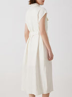Women'S Summer Long Sleeveless Shirt Made of 100% Linen with Turn- Collar, Metallic Accents, Button- Front, Chest Pockets, Side Slits, And a Relaxed Fit