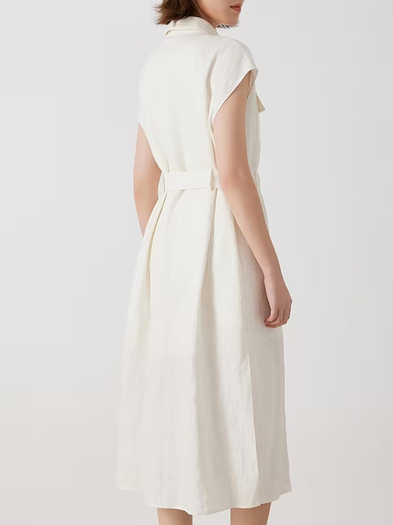 Women'S Summer Long Sleeveless Shirt Made of 100% Linen with Turn- Collar, Metallic Accents, Button- Front, Chest Pockets, Side Slits, And a Relaxed Fit
