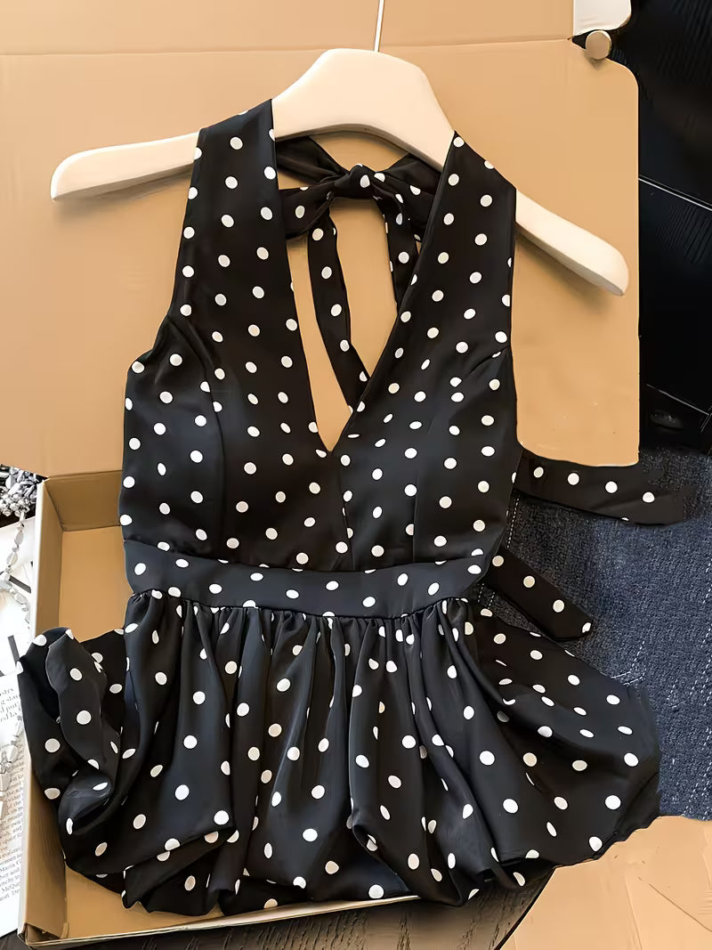 Women' Korean Dongdaemun Sexy V-Neck Halter Top - Backless High Waist Sleeveless Blouse Shirt with Polka Dot Bodice & Bud Hem