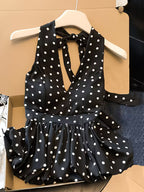 Women' Korean Dongdaemun Sexy V-Neck Halter Top - Backless High Waist Sleeveless Blouse Shirt with Polka Dot Bodice & Bud Hem