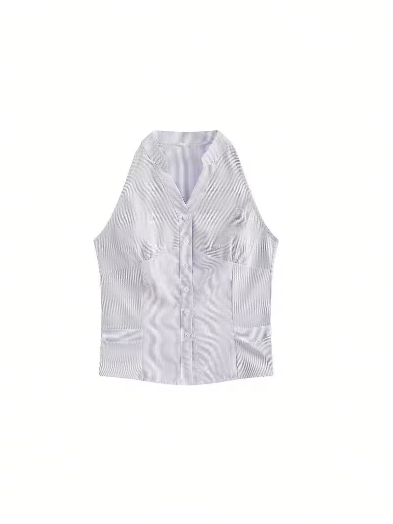 French-Style Cinched Waist Striped Sleeveless Shirt for Women, Summer Slim-Fit Designer Cropped Halter Top