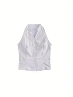 French-Style Cinched Waist Striped Sleeveless Shirt for Women, Summer Slim-Fit Designer Cropped Halter Top