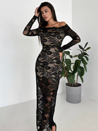 Aesthetic Off-the-Shoulder Lace Maxi Dress, Off-Shoulder Neck, Long Sleeves, Slim Fit, High Slit Sheer Lace