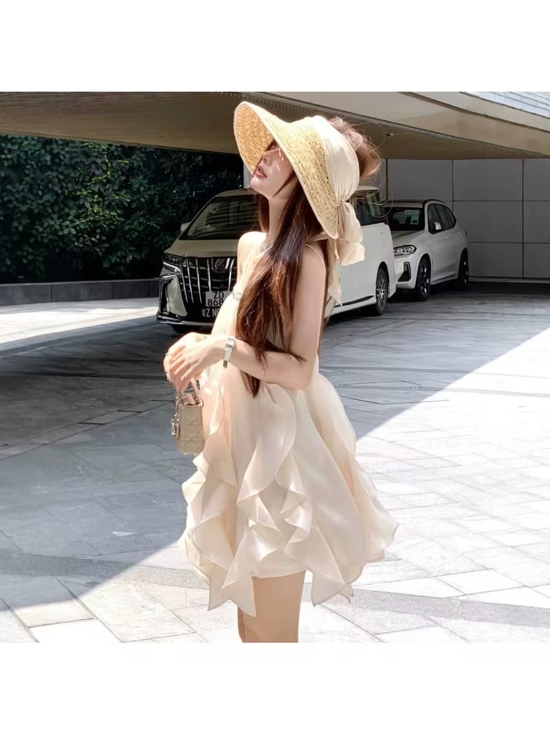 Women'S Strapless Chiffon Mini Dress, Ruffled Hem with Rhinestones, Sweet Casual Style