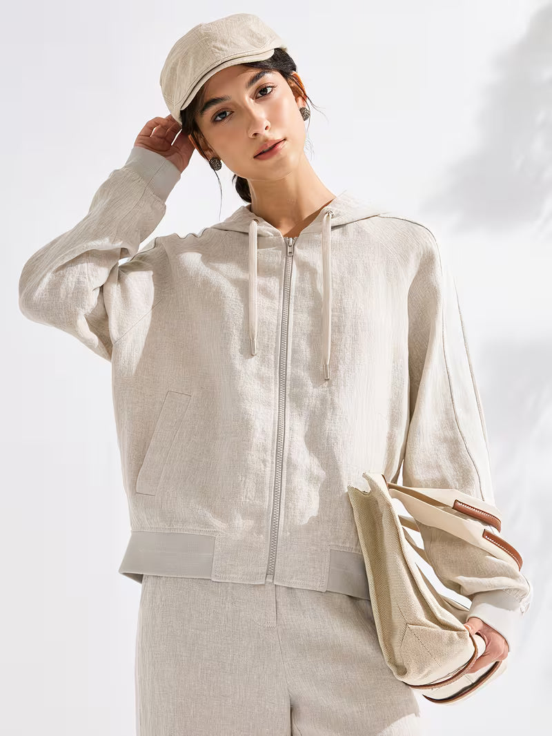 Effortless Linen Hooded Jacket For Women, 100% Linen Shell With 100% Lining, Full-Zip Relaxed Fit, Breathable Natural Fiber Outerwear