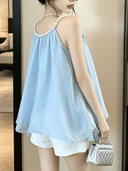 Design Sense Socialite Temperament 3D Floral Pearl Hanging Neck Diamond-Studded Ruffled Camisole Top Women'S Summer Socialite Style Diamond Pearl Hanging Neck Camisole Chiffon Blouse