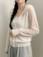 Korean Chic Summer Relaxed Zip-Up Hooded Loose Thin Sweater Women'S Long Sleeve Cardigan Jacket Trendy Fashion Commute Daily Versatile Jacket Sunscreen Shirt