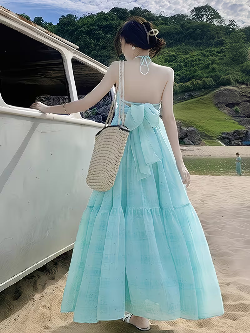 Summer New Blue Suspender Dress for Women, Beach Vacation Style, Off-Shoulder Long Dress with Backless Design