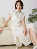 Women'S Summer Long Sleeveless Shirt Made of 100% Linen with Turn- Collar, Metallic Accents, Button- Front, Chest Pockets, Side Slits, And a Relaxed Fit