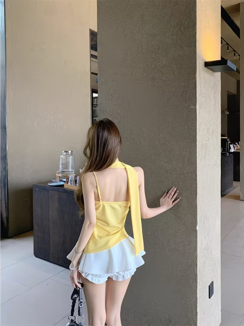 Yellow Ribbon Flowing Collar Women's Summer Short-sleeved Backless Top with Straps