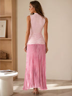 Women Sleeveless Stand Collar Ruched Waist Maxi Dress, Pleated Irregular Hem Split Long Dress for Daily Vacation Office Use