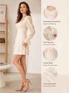 Women Square Neck Lace Spliced Flare Sleeve Short Dress