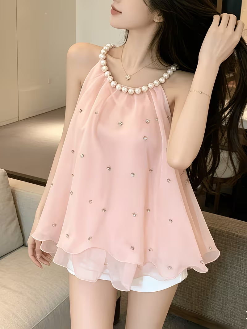 Design Sense Socialite Temperament 3D Floral Pearl Hanging Neck Diamond-Studded Ruffled Camisole Top Women'S Summer Socialite Style Diamond Pearl Hanging Neck Camisole Chiffon Blouse