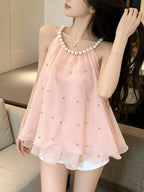 Design Sense Socialite Temperament 3D Floral Pearl Hanging Neck Diamond-Studded Ruffled Camisole Top Women'S Summer Socialite Style Diamond Pearl Hanging Neck Camisole Chiffon Blouse