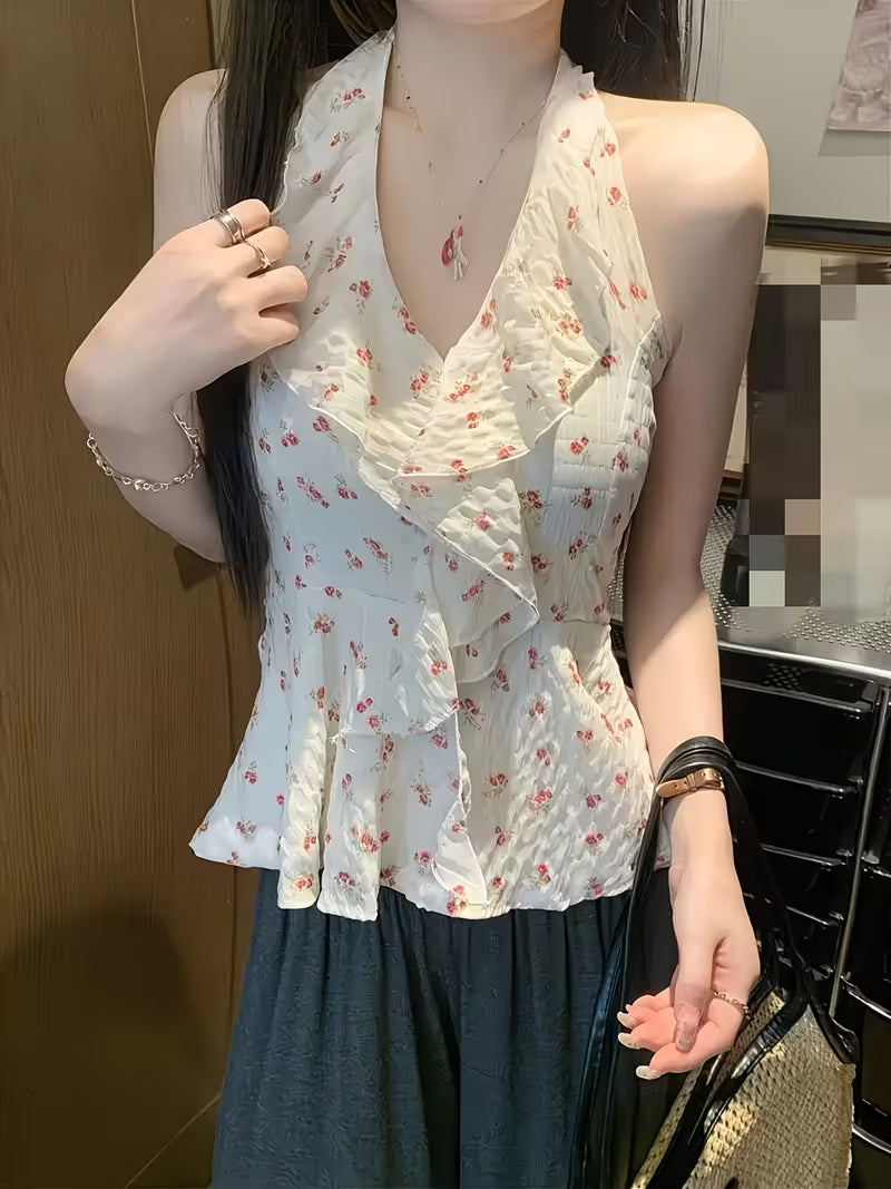 Summer Floral Halter Top Women V Neck Off Shoulder Backless Slim Y2K Cute Crop Top