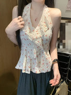 Summer Floral Halter Top Women V Neck Off Shoulder Backless Slim Y2K Cute Crop Top
