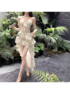 Women's French Style -Line -Neck Slip Dress - Elegant Beach Dress with Irregular Ruffle Hem, Voluminous Maxi Length Suitable for Vacations, Weddings, Parties, Machine Washable Solid Color Dress