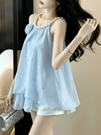 Design Sense Socialite Temperament 3D Floral Pearl Hanging Neck Diamond-Studded Ruffled Camisole Top Women'S Summer Socialite Style Diamond Pearl Hanging Neck Camisole Chiffon Blouse