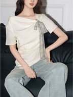 Women's Summer New Korean-style Irregular Short-sleeve T-shirt, Summer Pure and Gentle Short Top for Women