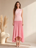 Women Sleeveless Stand Collar Ruched Waist Maxi Dress, Pleated Irregular Hem Split Long Dress for Daily Vacation Office Use