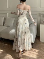 Women's Mesh Butterfly Print Off-Shoulder Slim-Fit Long Sleeve Dress
