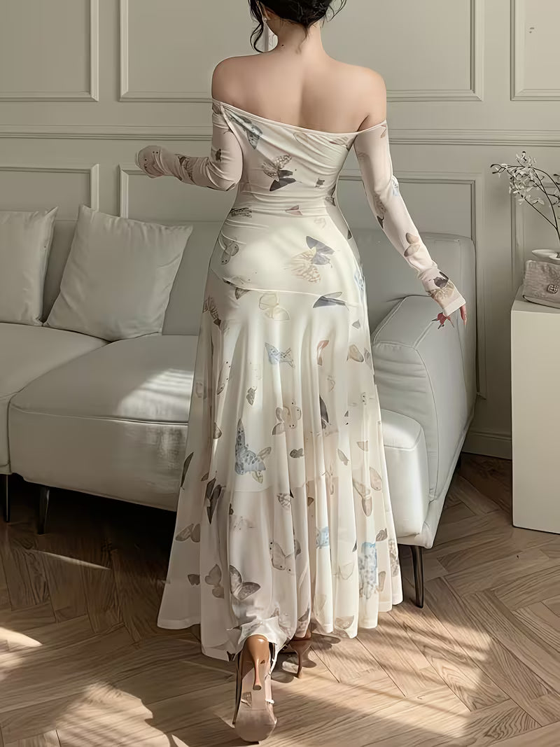 Women's Mesh Butterfly Print Off-Shoulder Slim-Fit Long Sleeve Dress